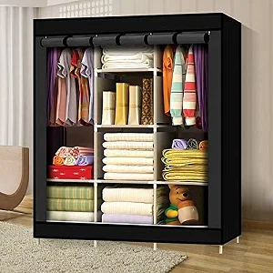 3 Column Cloth Frame Portable Wardrobe - Black