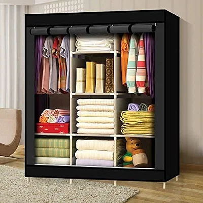 3 Column Cloth Frame Portable Wardrobe - Black