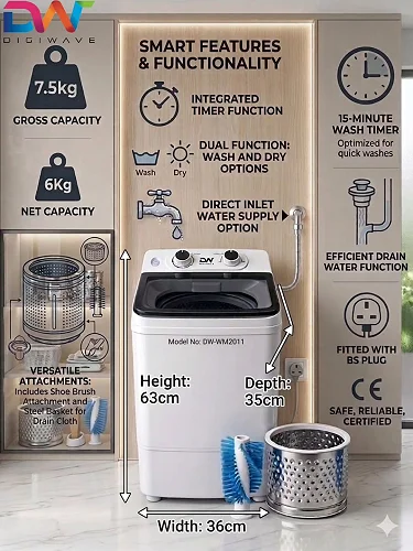 7.5kg Digiwave Model DW-WM2011 Portable Washing Machine - White