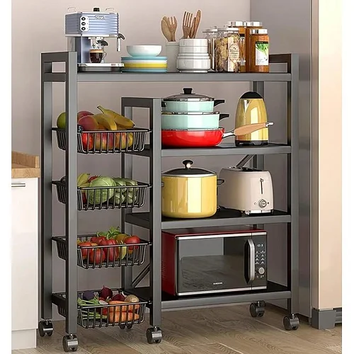 Kitchen Storage Shelf, Microwave Stand Cart or Coffee Bar Table Organizer, for Spice, Pots and Pans Organizer - Black