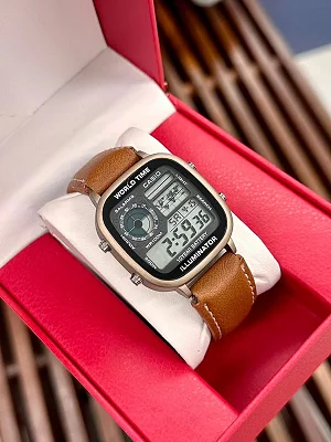 Casio Men's World Time Leather Strap Digital Watch - Brown