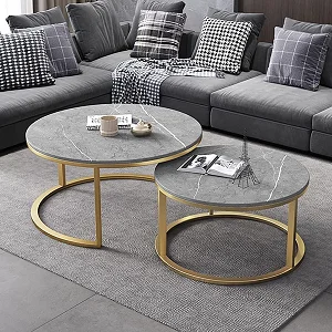 Modern Nesting Coffee Table Set of 2 – Round Faux Marble Accent Side Tables with Metal Frame