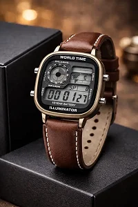 Casio Men's World Time Leather Strap Quartz Digital Watch - Coffee Brown