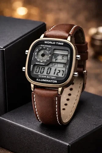 Casio Men's World Time Leather Strap Quartz Digital Watch - Coffee Brown