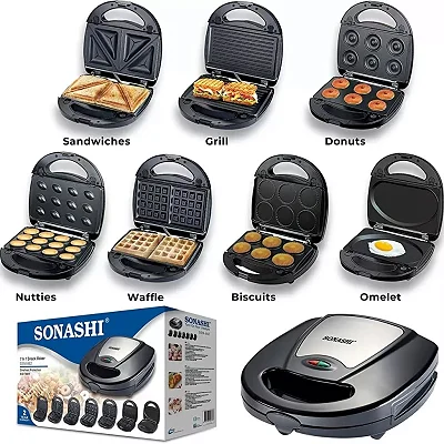 Sonashi 7-in-1 Multi Snack Maker Detachable Sandwich, Grill, Donut, Waffle, Cupcake, Nutty, Omelet Making Plates -Multi