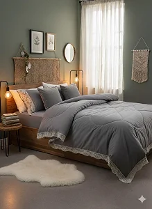 6x6 6pcs Laced Duvet Set With 1 Bedsheet, 2pillowcases, 2 Cushion Covers - Grey