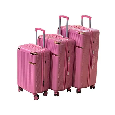 Plastic Rubber Suitcase Set with Four Wheels - Pink  (Small, Medium,  Large Size)