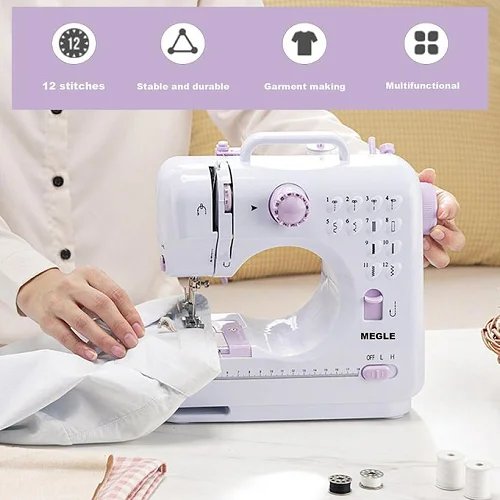 Portable Electric Mini Sewing Machine, Speed Adjustable Replaceable Foot With Pedal Craft Mending Machine 12 Built-in Stitch Patterns Easy To Use With Overlock Function- Multicolor