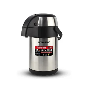 Sonashi 5Liters Hot & Cold Airpot Flasks with Stainless Steel Insulation Easy to Clean Flask with Pump Lid Hot/Cold 18 & 24 Hours Retention Pump Flask for Cold Drinks, Tea, Coffee SVF5000 -Silver