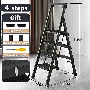 Portable Square Head Ladder for Multi-Purpose, Home, Kitchen, Heavy Sturdy Steel Step Stool with Anti-Slip Wide Pedals, Handrail, Safe-Lock Design, Black