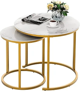 Set of 2 Marble Round Coffee Center Tables - White/Gold