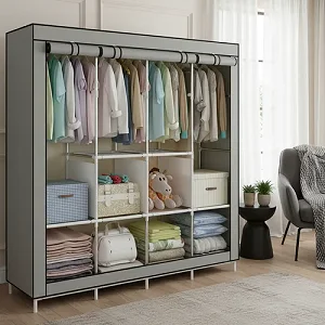 4 Column Metallic Cloth Wardrobe (Not Assembled) - Grey