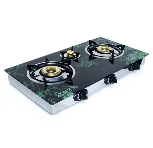 Pixel 3 Burner Tempered Glass Gas Stove With Automatic Ignition -Black