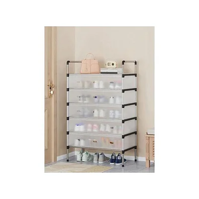 6-Tier Metal Shoe Rack with Dustproof Cover – White