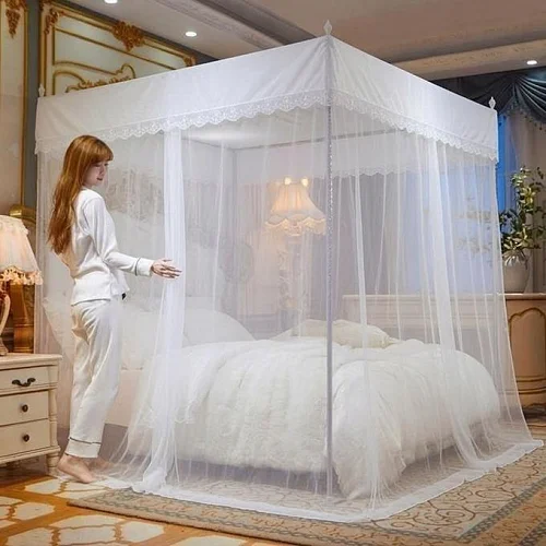 Mosquito Net 3-Door Design with 4 Stainless Steel Stands – White