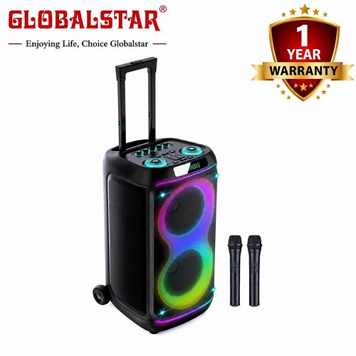 Global Star Rechargeable Portable Bluetooth Trolley Speaker With 2 Microphones – Wireless Party &amp; PA Speaker