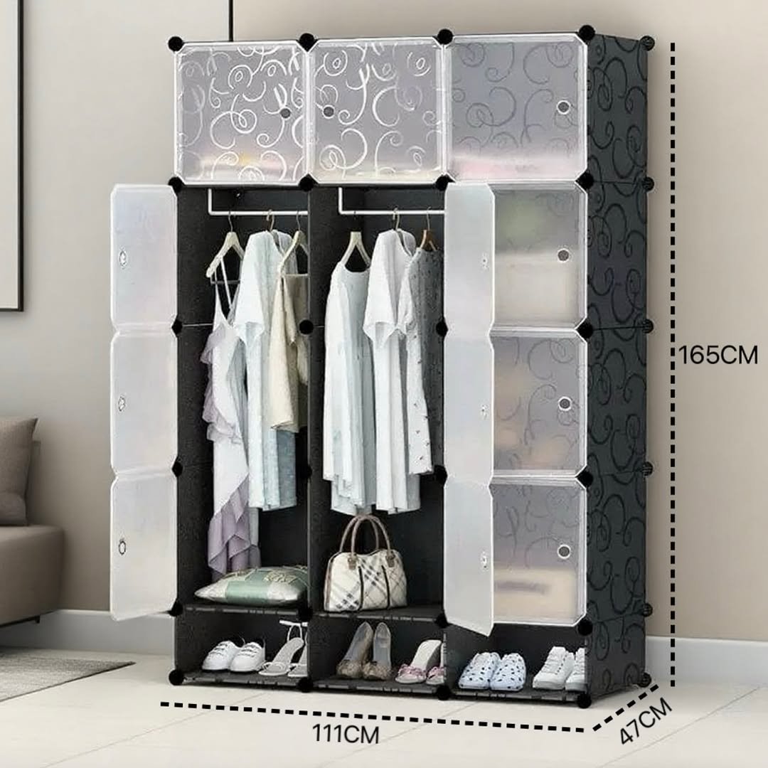 3 Column Portable Plastic Wardrobe Closet With Shoe Rack Row - Black