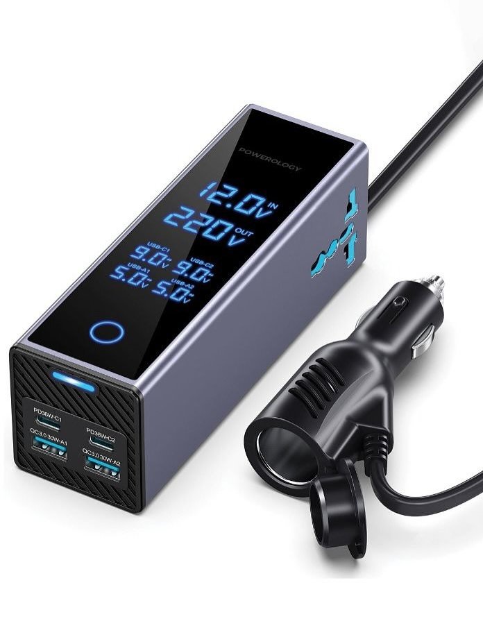 Powerology 300W Car Power Inverter, DC 12V to 220V AC Car Inverter, Car Lighter Port, LED Screen Power Inverter, USB Type-C and A Ports Charger Adapter, Car Plug Converter with USB-C, Lightning Cable - Black (Copy)