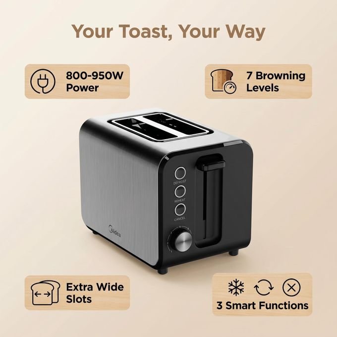 Midea 2 Slice Stainless Steel Toaster- Silver & Black
