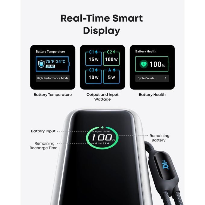Anker Laptop Power Bank 25,000mAh 165W with Built-in & Retractable Cables – Black