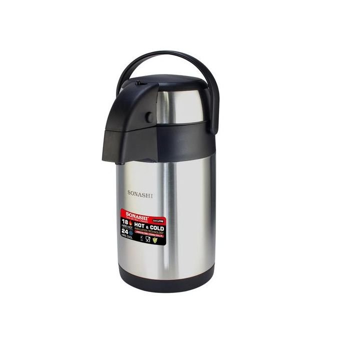 Sonashi 5Liters Hot & Cold Airpot Flasks with Stainless Steel Insulation Easy to Clean Flask with Pump Lid Hot/Cold 18 & 24 Hours Retention Pump Flask for Cold Drinks, Tea, Coffee SVF5000 -Silver (Copy)