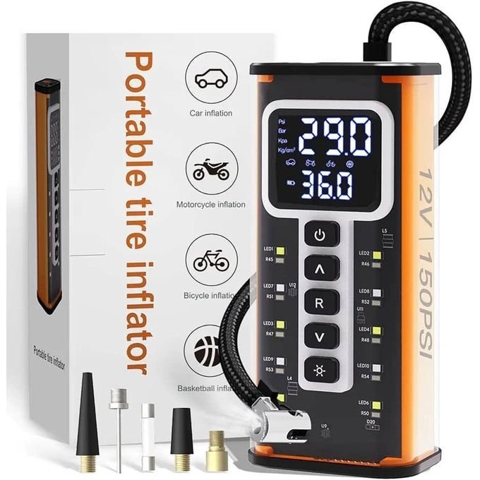Portable Tyre Inflator Air Compressor – 150 PSI Cordless Car Air Pump with Digital Pressure Gauge, LED Light & Auto Shut-Off