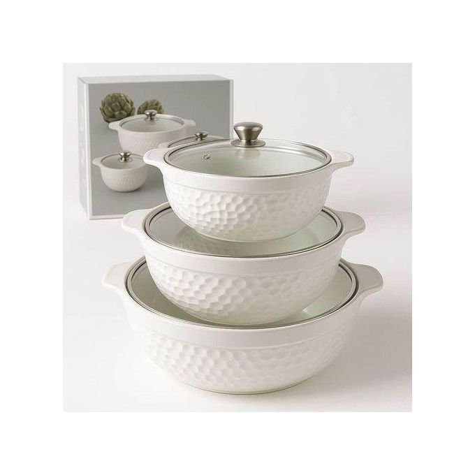 3-Piece Ceramic Casserole Set with Glass Lids – Elegant Hammered Design, Oven & Microwave Safe