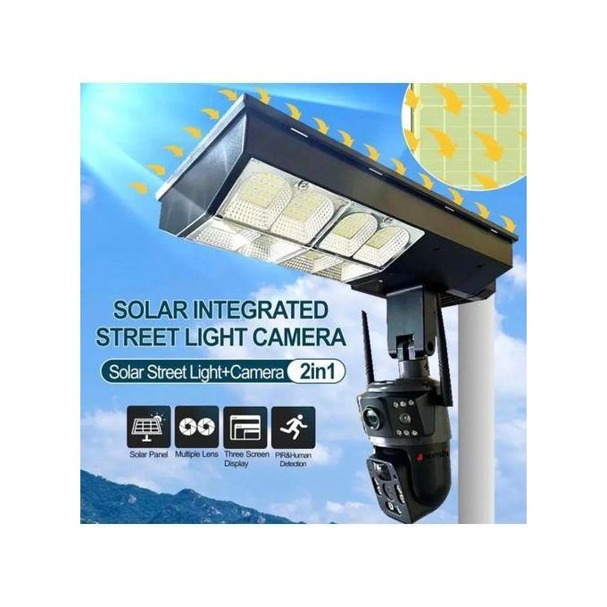 4G 2-in-1 Solar Street Light Camera Outdoor, 12MP Dual Lens PTZ Wireless Security Cam, Two-Way Audio, Motion Detection, Night Vision, IP66 Waterproof, Home Surveillance System - Multicolor