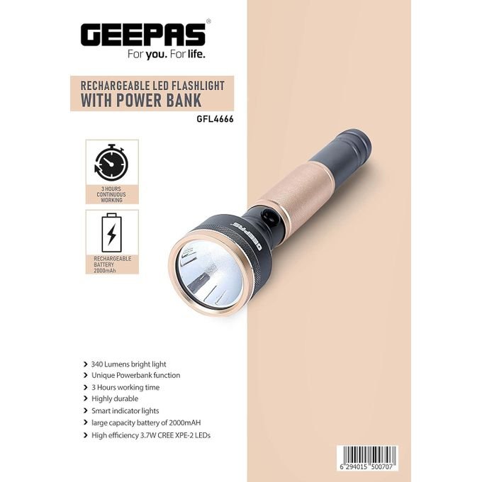Geepas Rechargeable LED Flashlight with Power Bank, Sturdy Housing with 340 Lumens