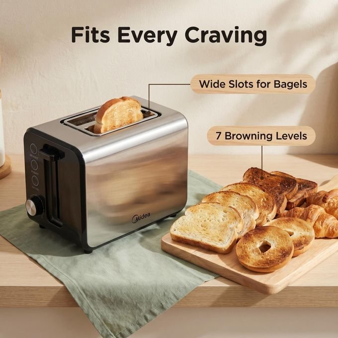 Midea 2 Slice Stainless Steel Toaster- Silver & Black