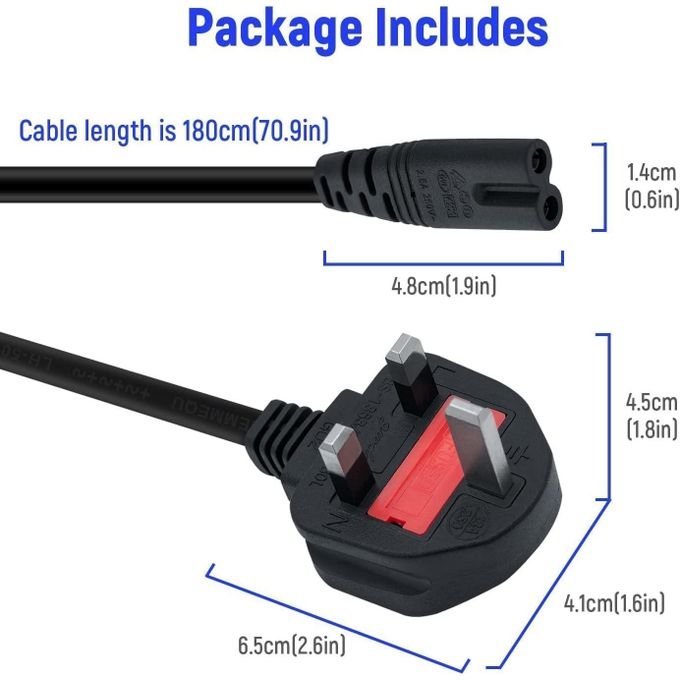 1.5M 2-Pin UK/EU Power Cable – Fused Power Cord for Desktop, Laptop, Monitor, Printer, Photocopier, Kettle Supports Up to 220V