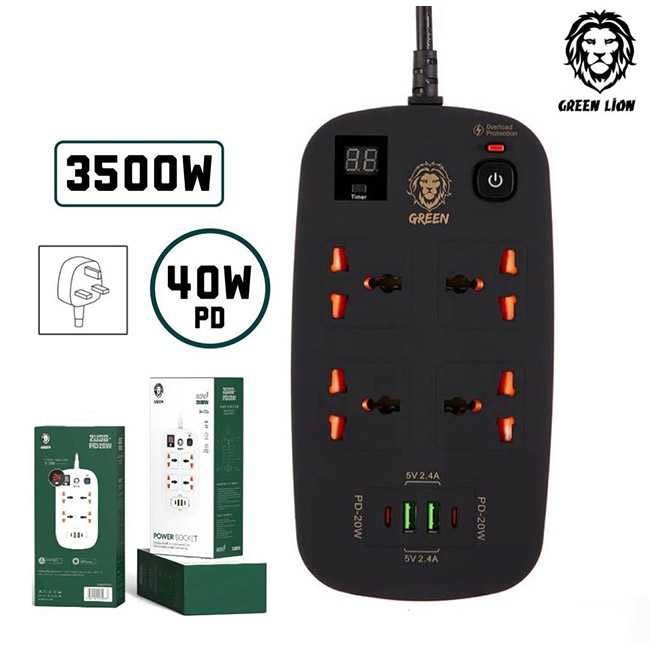3M Green Lion 4 AC 2 USB & 2 USB-C PD 40W Multiport Smart Power Socket 3500W