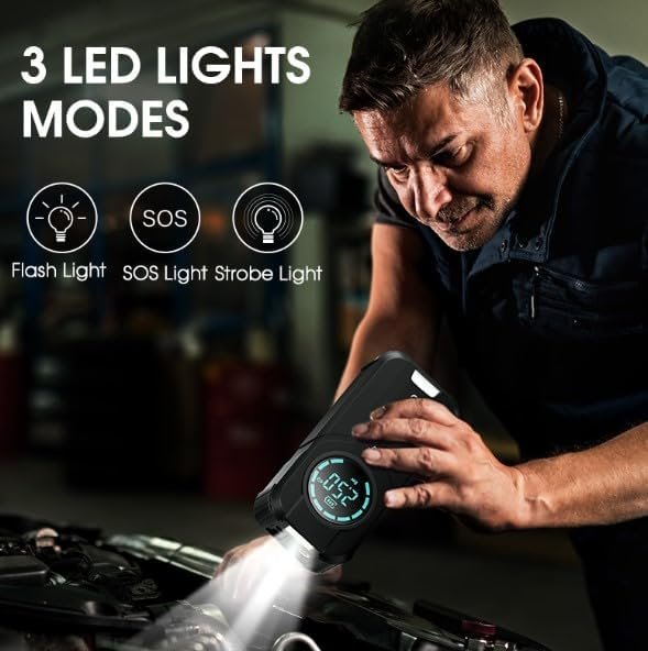 Car Jump Starter & Portable Air Compressor with LED Flashlight and USB-C Fast Charging