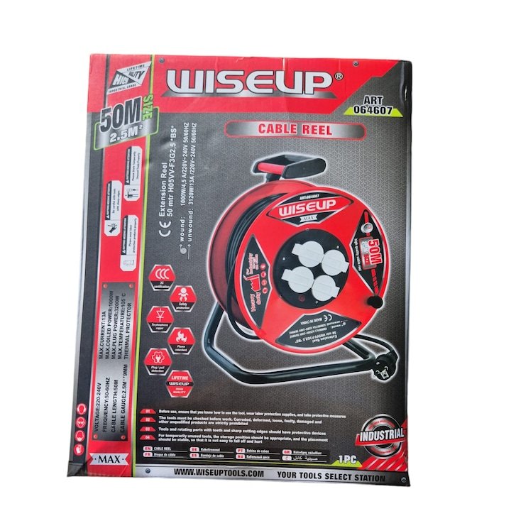 Wiseup 50m Industrial Extension Cable Reel 2.5mm 13A Heavy Duty Power Cable 4 Ways