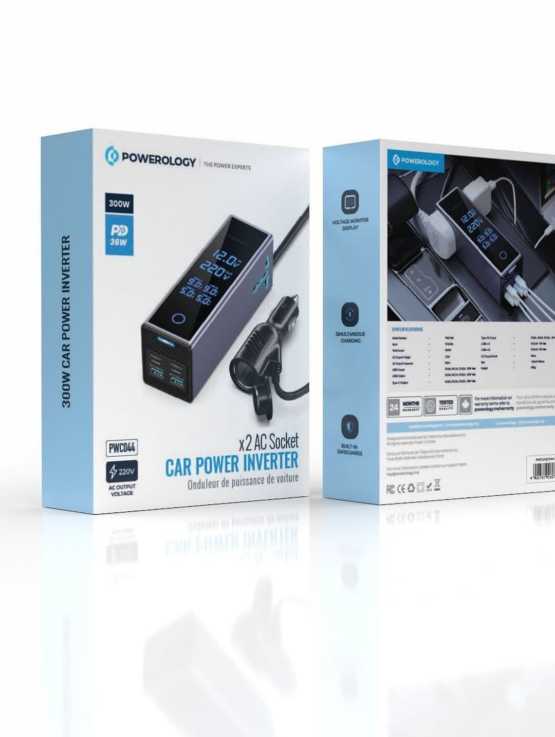 Powerology 300W Car Power Inverter, DC 12V to 220V AC Car Inverter, Car Lighter Port, LED Screen Power Inverter, USB Type-C and A Ports Charger Adapter, Car Plug Converter with USB-C, Lightning Cable - Black (Copy)