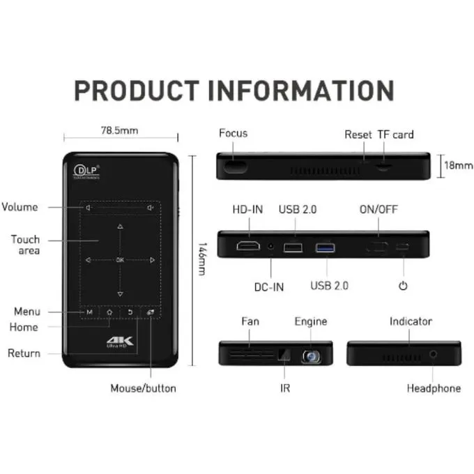 Borrego BP09 Smart Mini Projector with 4K Support - Multicolor