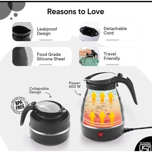 Hoffmans Foldable Electric Travel Kettle 0.6L Portable Collapsible Water Boiler and Tea Pot