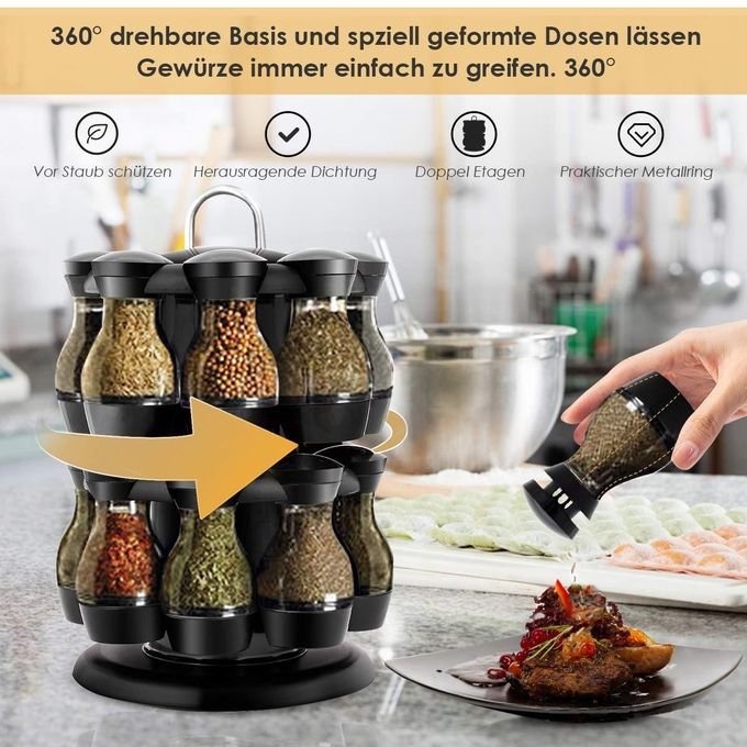Spice Carousel Rotatable Spice Rack with 16 spice jars