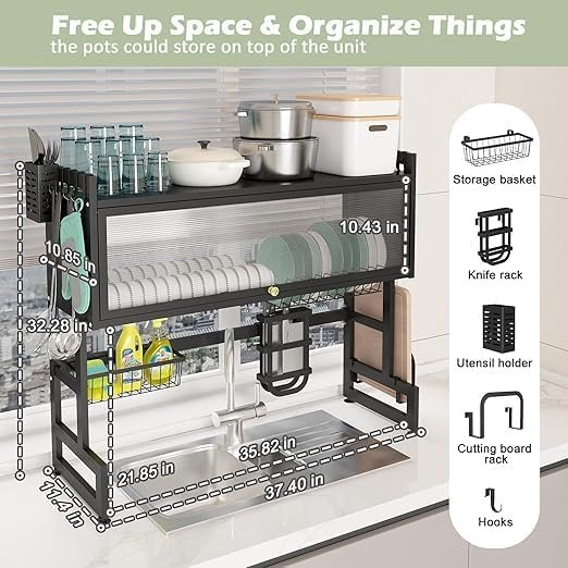 Over The Sink 3-Tier Dish Drying Rack with Dust-Proof Cabinet & Utensil Holder