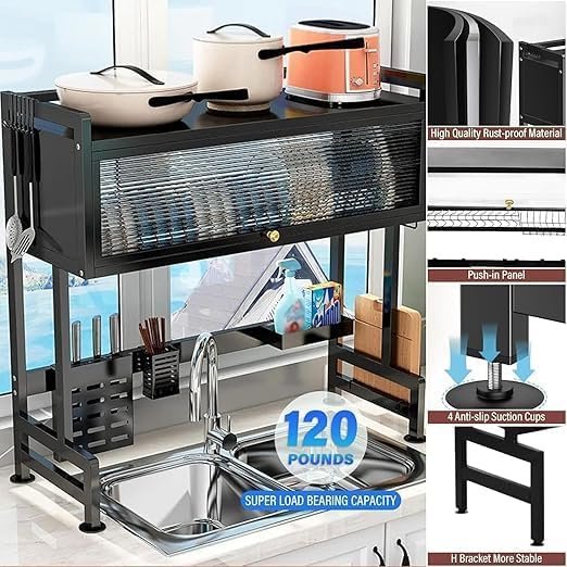 Over The Sink 3-Tier Dish Drying Rack with Dust-Proof Cabinet & Utensil Holder