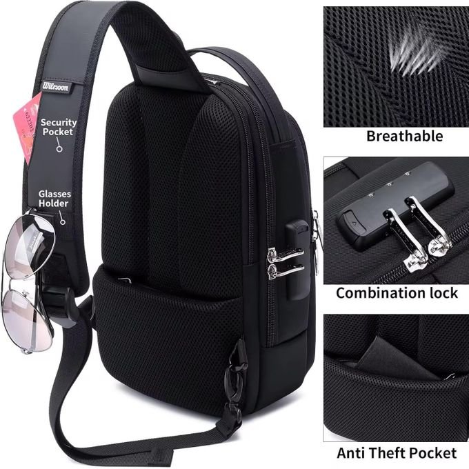DUSLANG Crossbody Backpack Bag, Shoulder Backpack Chest Bags with USB Charger Port - Black