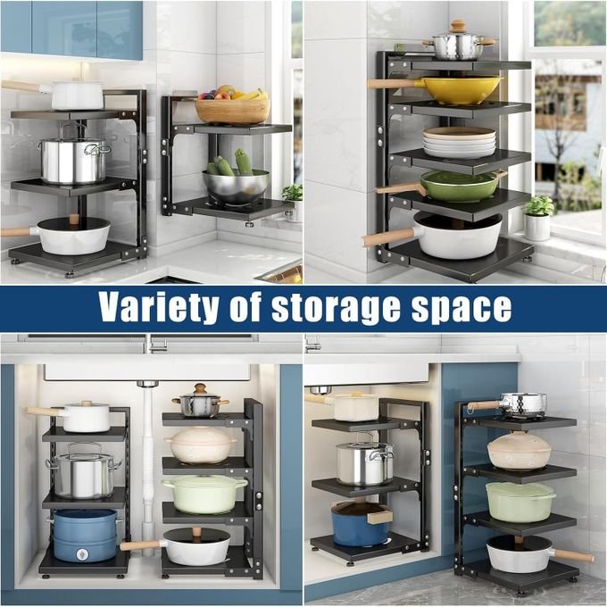 4-Tier Adjustable Pots & Pans Organizer Rack – Snap-On Kitchen Cabinet & Under Sink Storage