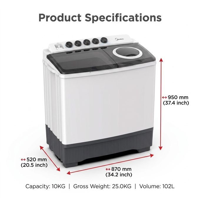 Midea 10kg Twin Tub Washing Machine – MT100W100/WG, Dual Pulsator & 1200 RPM