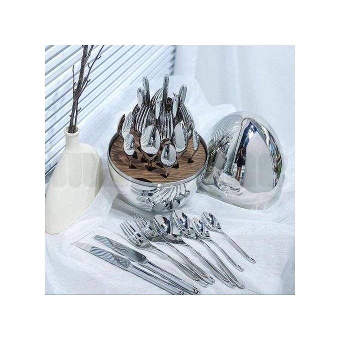 Eggshell 25-Piece Executive Cutlery Set – Stainless Steel Dining Set with Egg-Shaped Case (6 Knives, Forks, Spoons & Teaspoons)