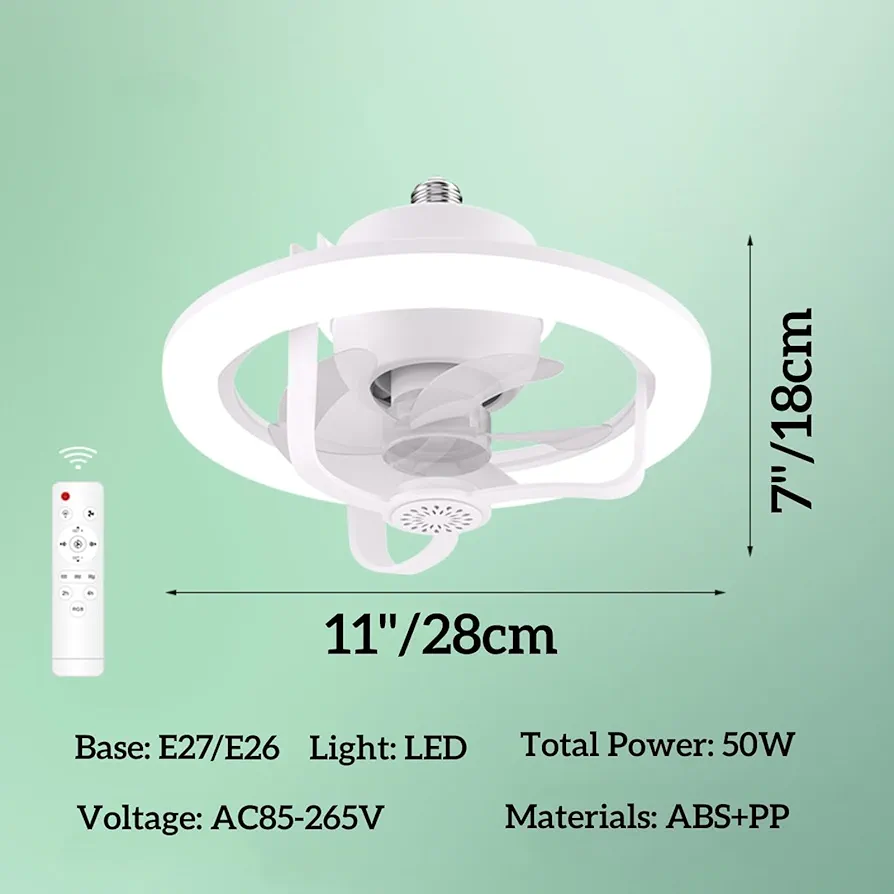 Socket Fan With Light - Dimmable Remote Ceiling Fan With 360 Rotation, RGB Mode, 3 Speeds