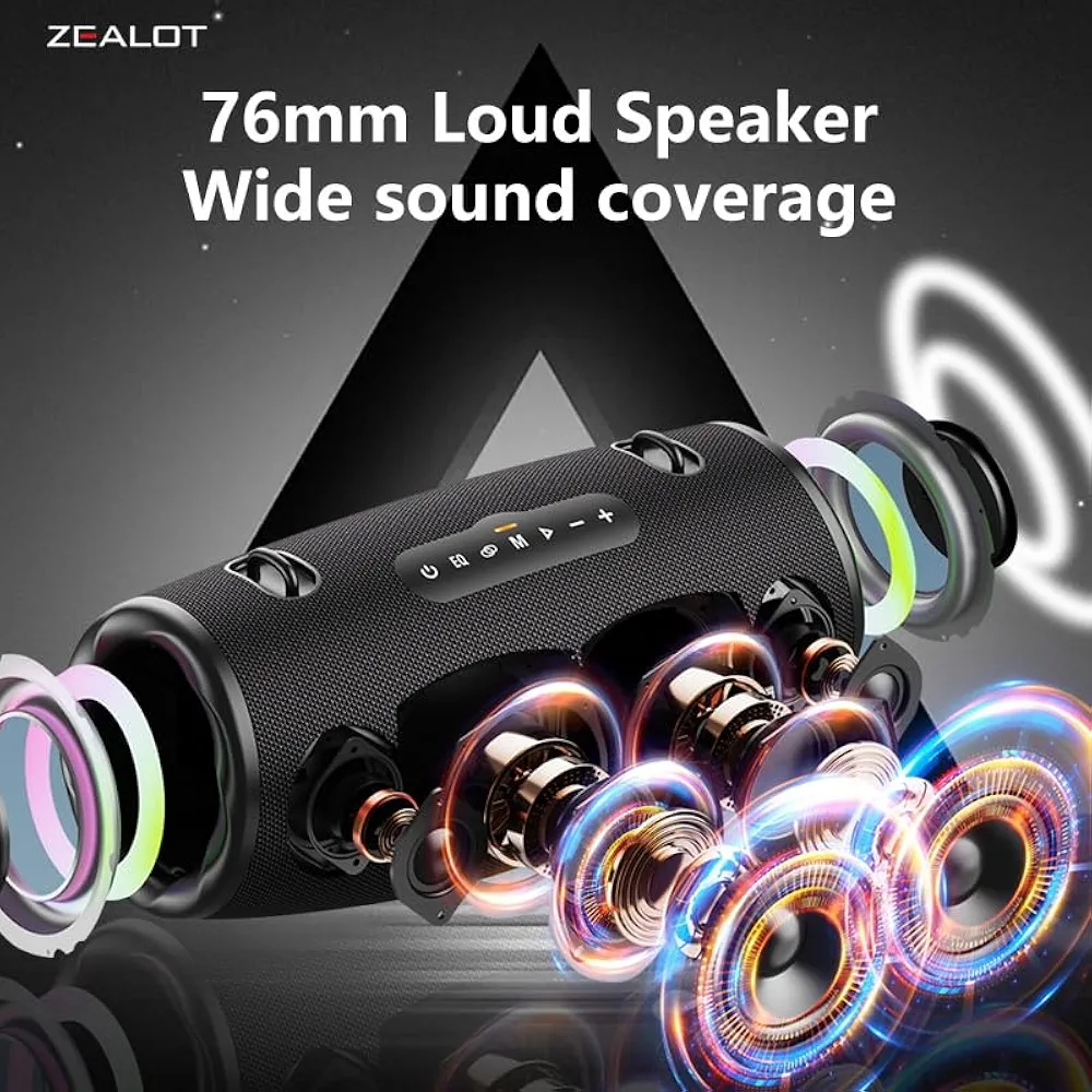 Zealot S87  Wireless Bluetooth Speaker, 80W With Deep Bass, IPX6 Waterproof - Black