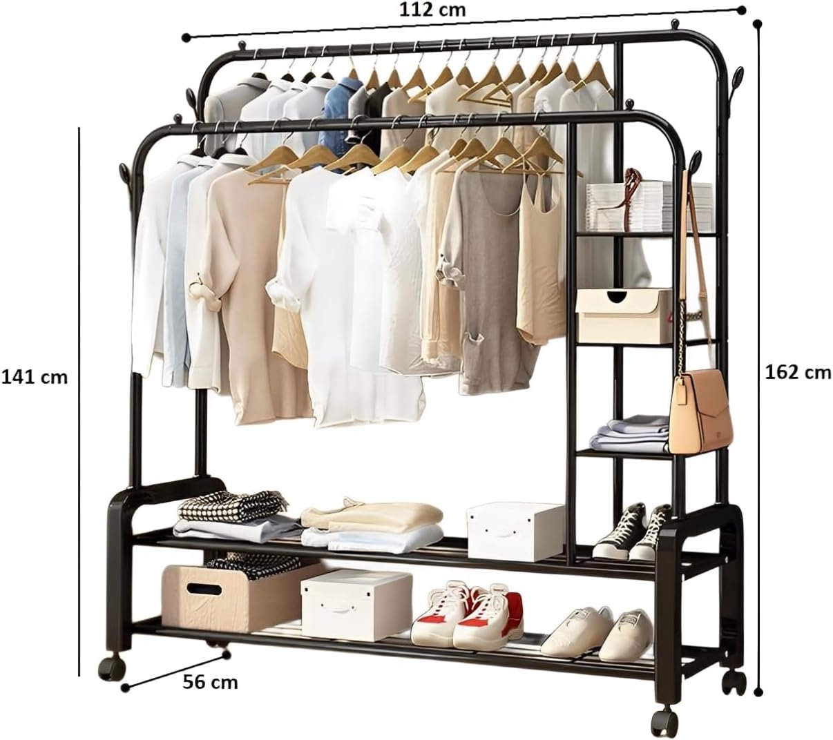 Portable Clothes Rack for Bedroom & Balcony with Double Hanging Rails and Shoe Shelves – Black