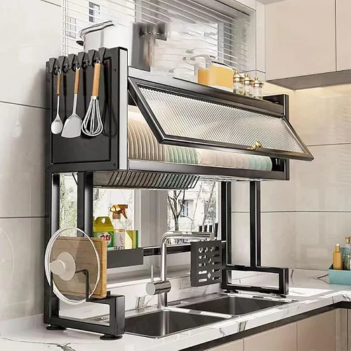 Over The Sink 3-Tier Dish Drying Rack with Dust-Proof Cabinet &amp; Utensil Holder