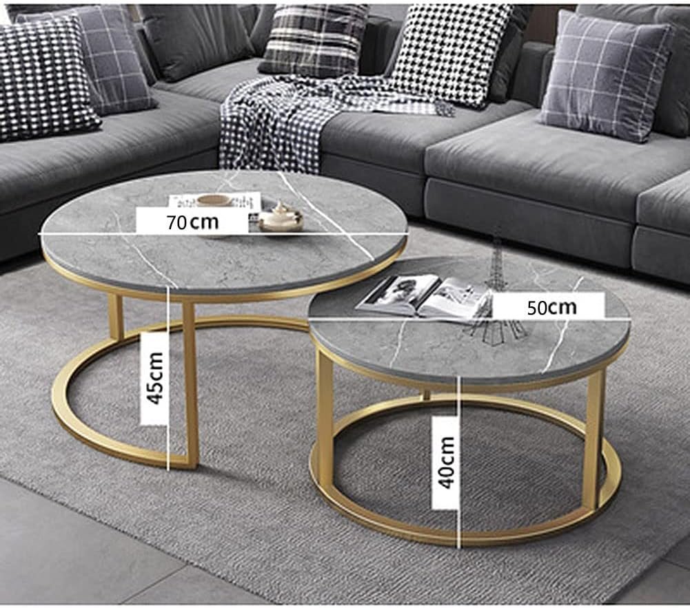 Coffee Table Modern Nesting Side Set of 2 End Table for Living Room Balcony Garden Round Accent Cocktail Table with Faux Marble Top and Metal Frame