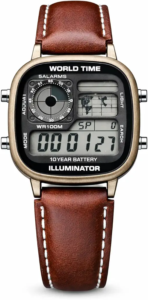 Casio Men's World Time Leather Strap Quartz Digital Watch - Coffee Brown